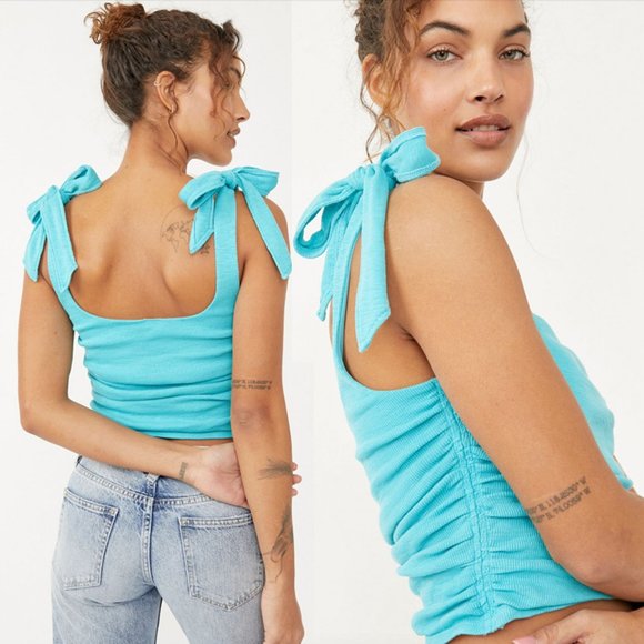 Free People Tops - NEW Free People Boulevard Bow Tie Strap Ruched Sides Cotton Rib Tank Top Aqua XL
